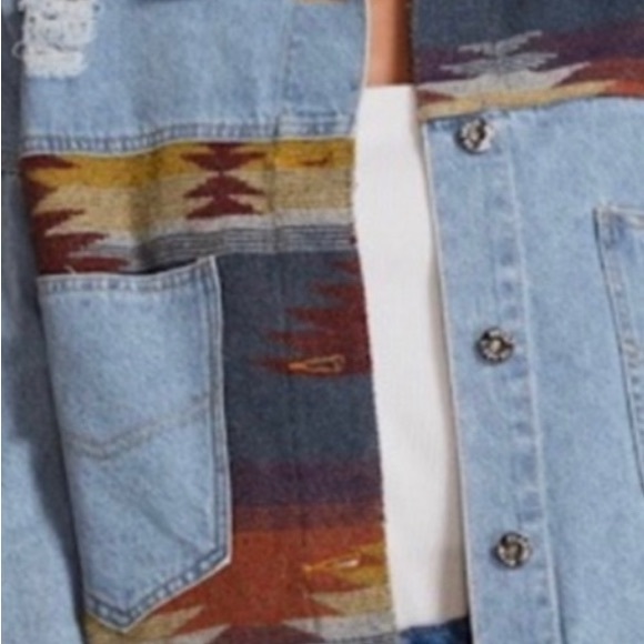 Denim Jacket w/ Contrast Fabric & Front Patch Pocket - Picture 4 of 4